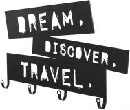 Nástěnný věšák Dream Discover Travel, černý kov, 4 háčky